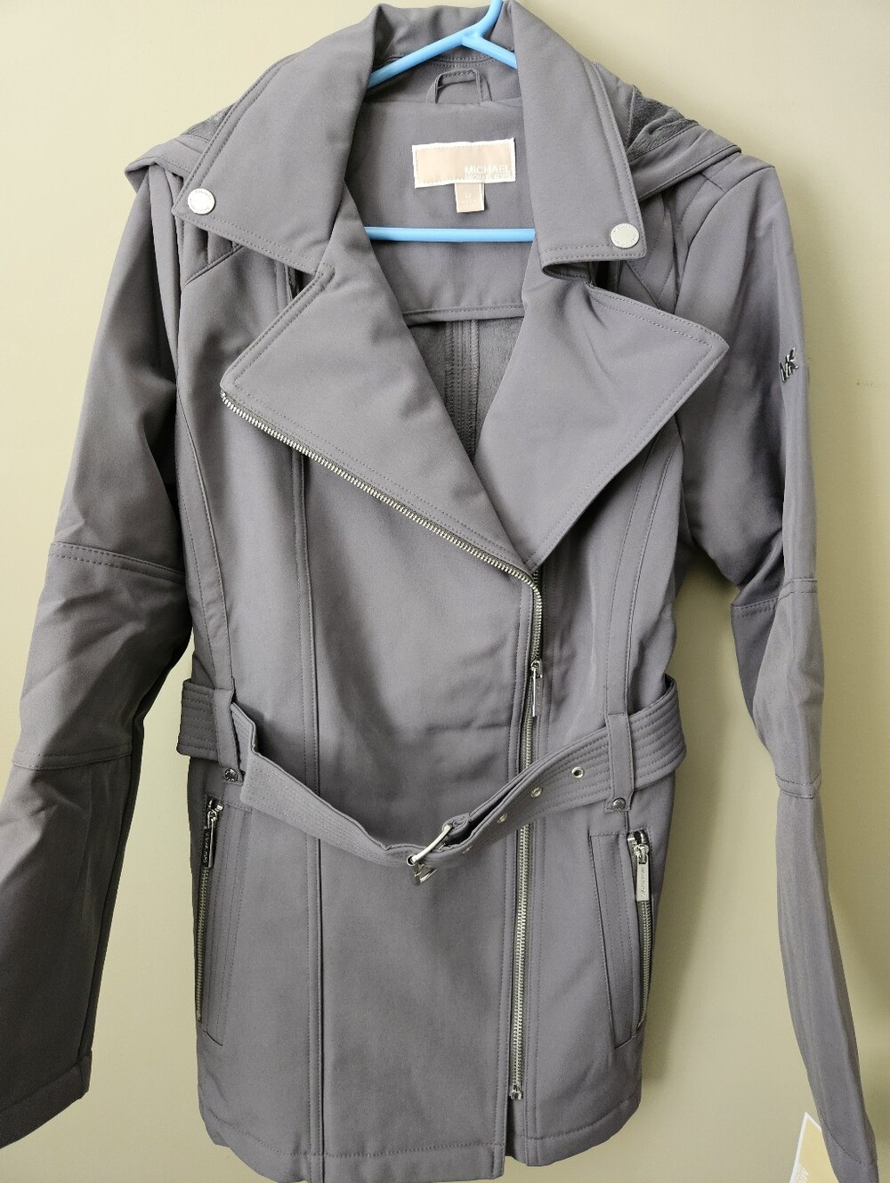 Women's Gray Moto Zip-Belt Jacket Size M Bikercore Utility Zipper Pockets Belt